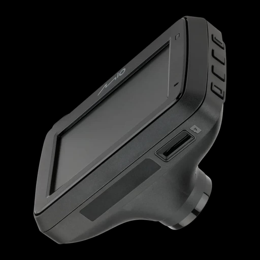 Dashcam Mio MiVue 803W Pro Preto 1CH 2.5K 1440P HDR GPS, detalhe: vista lateral com ecrã, logo Mio, botões laterais e slot