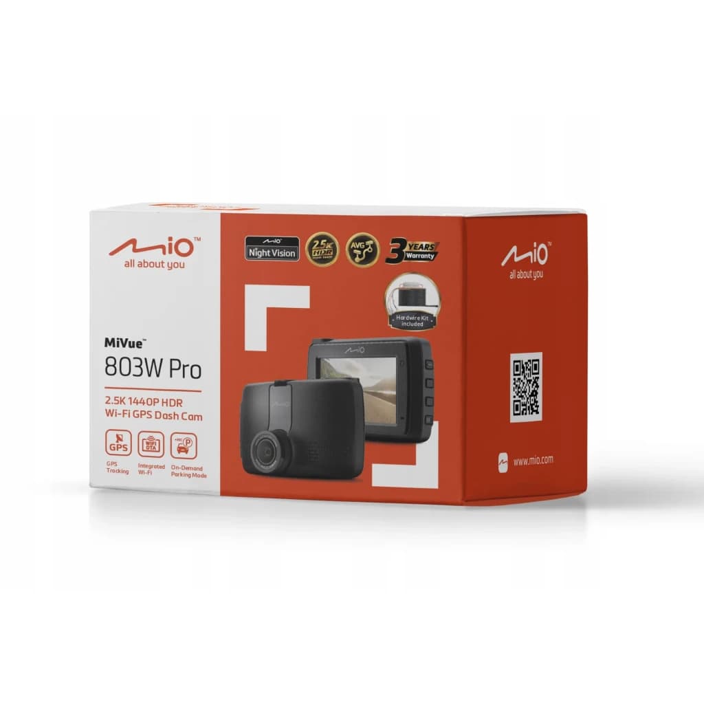 Dashcam Mio MiVue 803W Pro Preto 1CH 2.5K 1440P HDR GPS, conteúdo da caixa: embalagem laranja com imagem do dispositivo