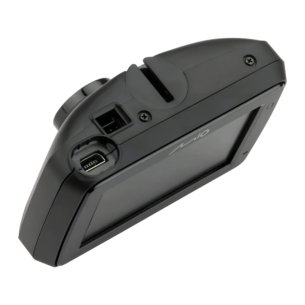 Dashcam Mio MiVue 803W Pro Preto 1CH 2.5K 1440P HDR GPS, detalhe: lateral com porta mini-USB, conector traseiro e ecrã