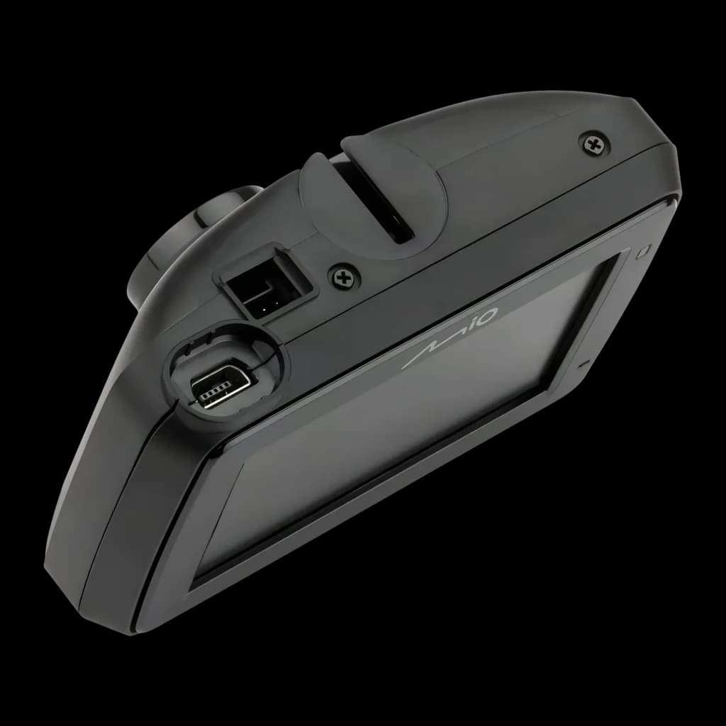 Dashcam Mio MiVue 803W Pro Preto 1CH 2.5K 1440P HDR GPS, detalhe: lateral com porta mini-USB, conector traseiro e ecrã