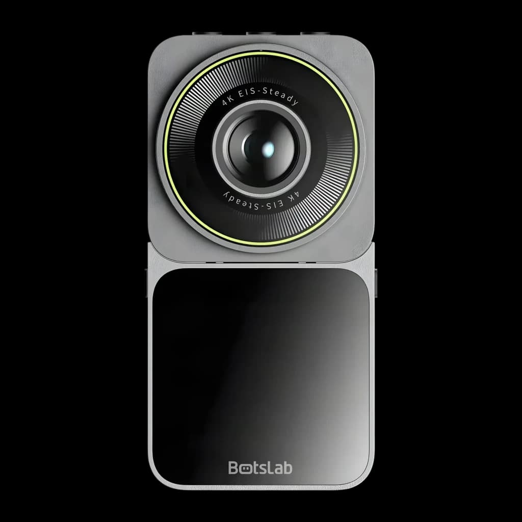 Dashcam Botslab V9H 2 em 1 4K WiFi Preto canais 30fps, detalhe: lente 4K EIS-Steady com aro verde e módulo inferior com logo