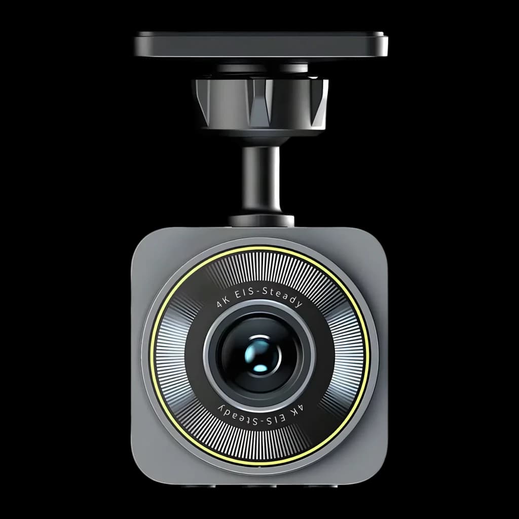 Dashcam Botslab V9H 2 em 1 4K WiFi Preto canais 30fps, detalhe: objetiva frontal com anel amarelo e inscrição 4K EIS-Steady