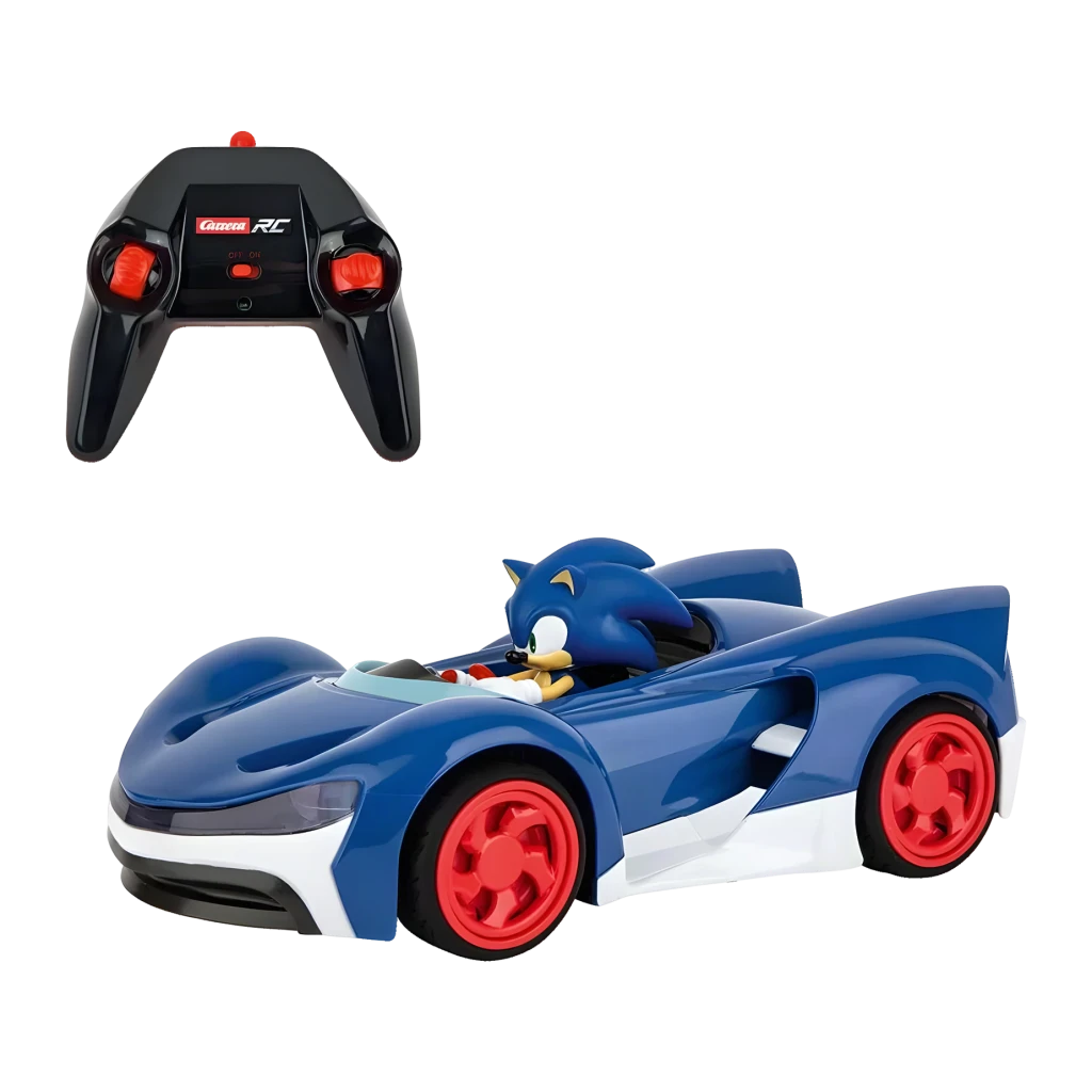 Voiture Carrera RC Team Sonic 1:18 Bleu 9km/h 20min 2,4GHz, vue latérale-avant: figurine Sonic, roues rouges et télécommande