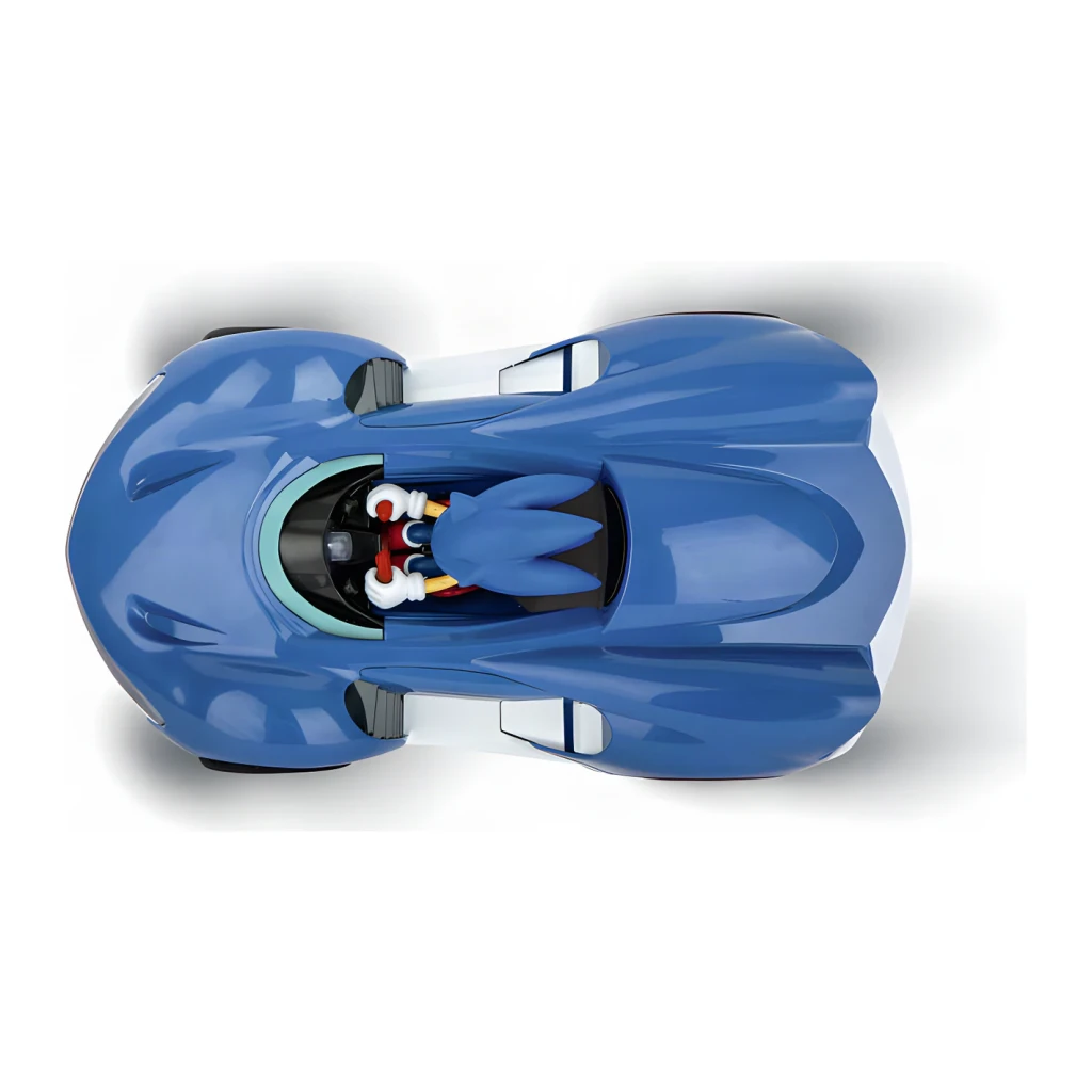 Voiture Carrera RC Team Sonic 1:18 Bleu 9km/h 20min 2,4GHz, vue de dessus: carrosserie bleue avec bande blanche et figurine