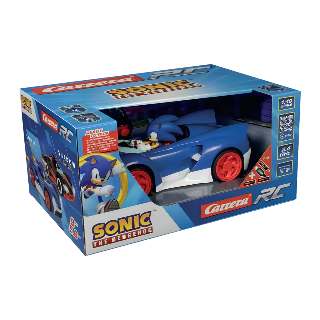 Voiture Carrera RC Team Sonic 1:18 Bleu 9km/h 20min 2,4GHz, boîte: packaging en perspective avec voiture bleue et figurine