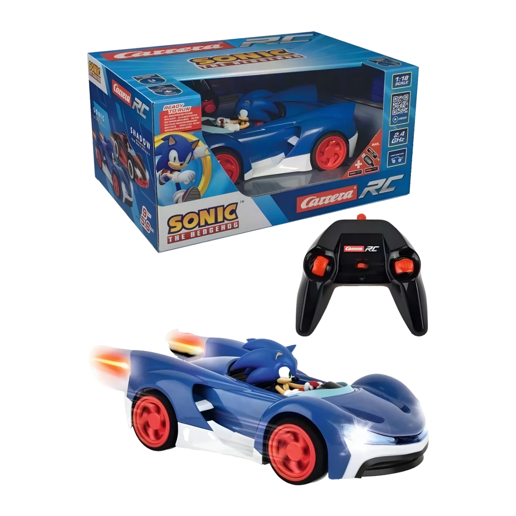 Voiture Carrera RC Team Sonic 1:18 Bleu 9km/h 20min 2,4GHz, contenu: boîte, télécommande noire boutons orange et voiture