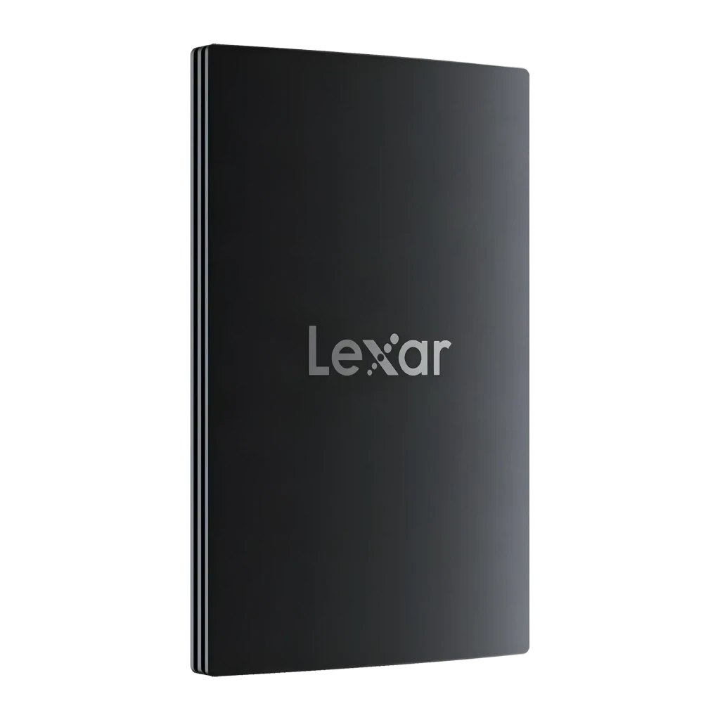 SSD Externe Lexar SL500 Set Magnétique 1 To IP54 USB-C 3.2 Gen 2x2 Noir, détail: face avant en angle avec logo Lexar