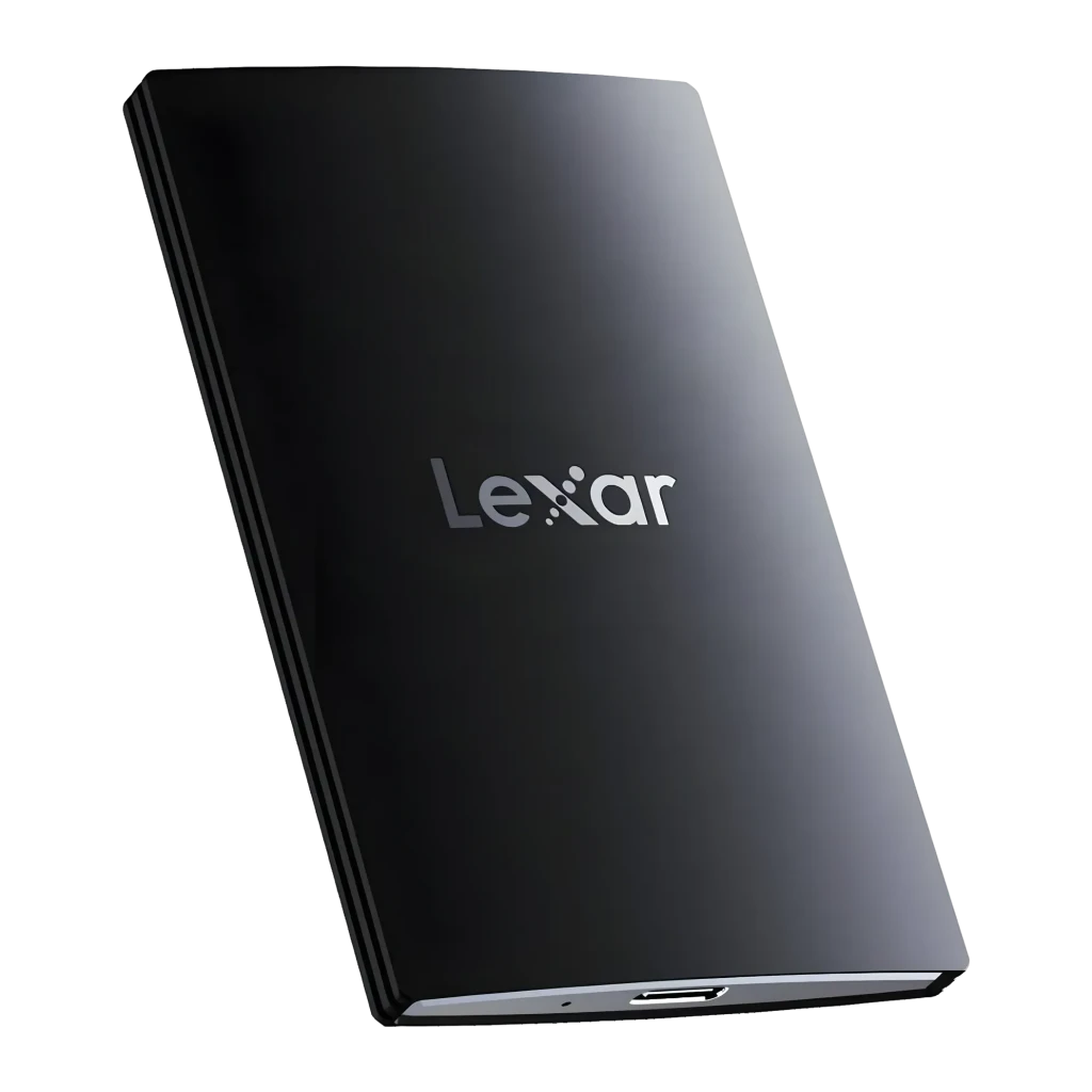 SSD Externe Lexar SL500 Set Magnétique 1 To IP54 USB-C 3.2 Gen 2x2 Noir, détail: boîtier noir brillant avec logo Lexar
