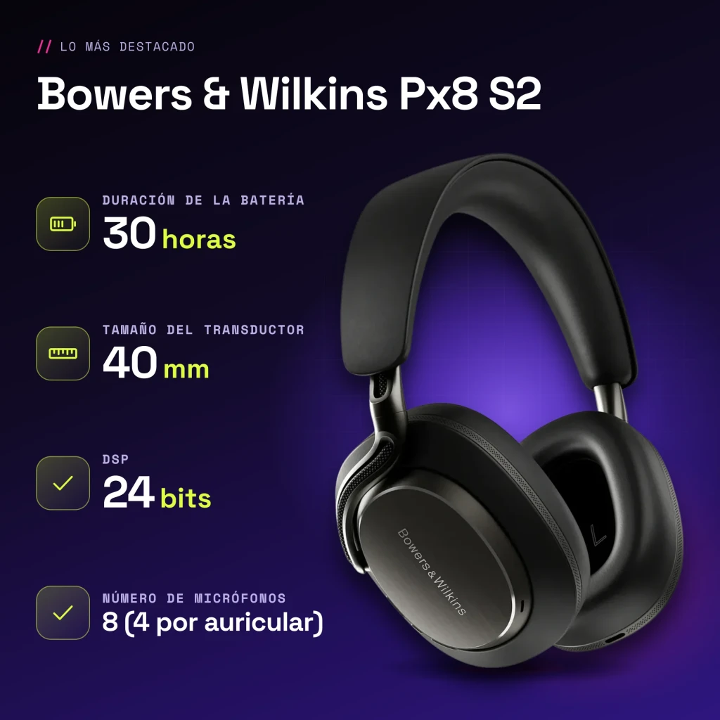 Auscultadores de banda Bowers & Wilkins Px8 S2 Cancelamento de Ruído Híbrido Preto - características