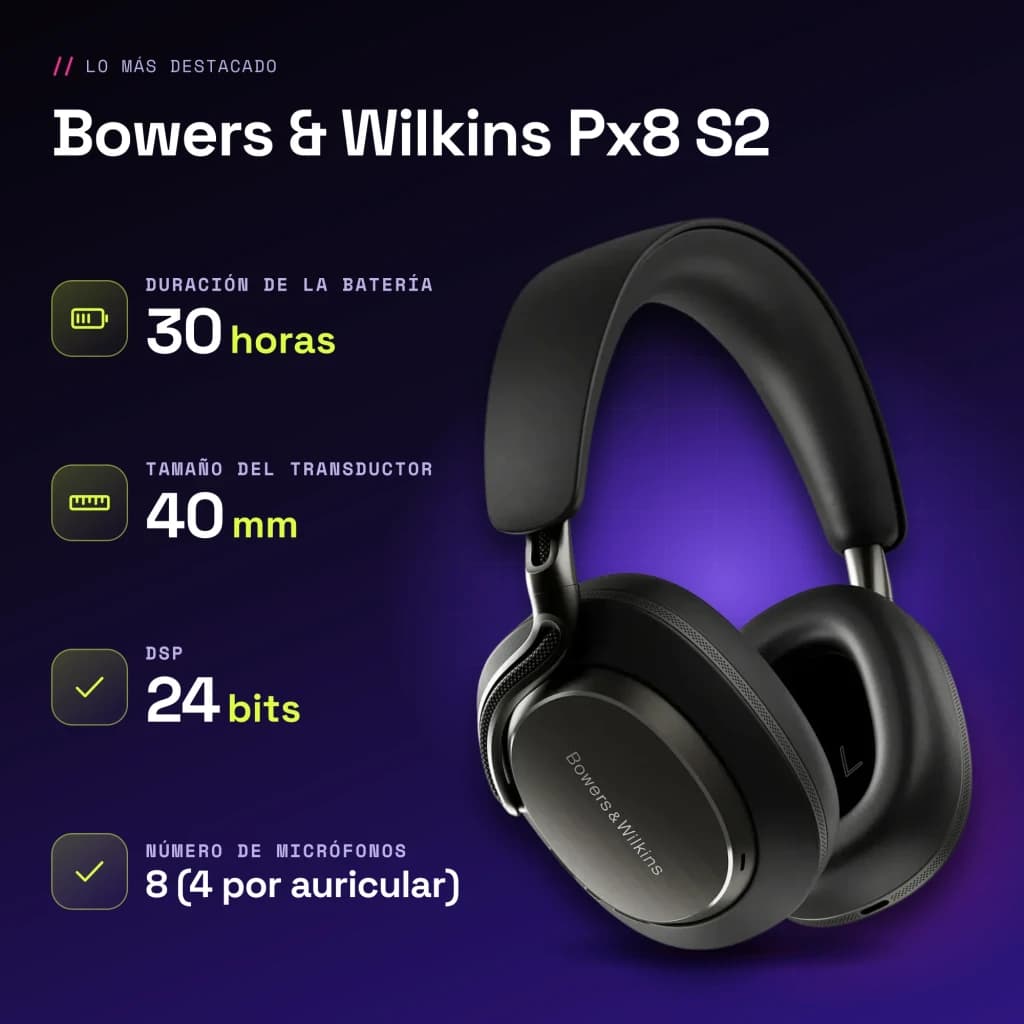 Auscultadores de banda Bowers & Wilkins Px8 S2 Cancelamento de Ruído Híbrido Preto - características