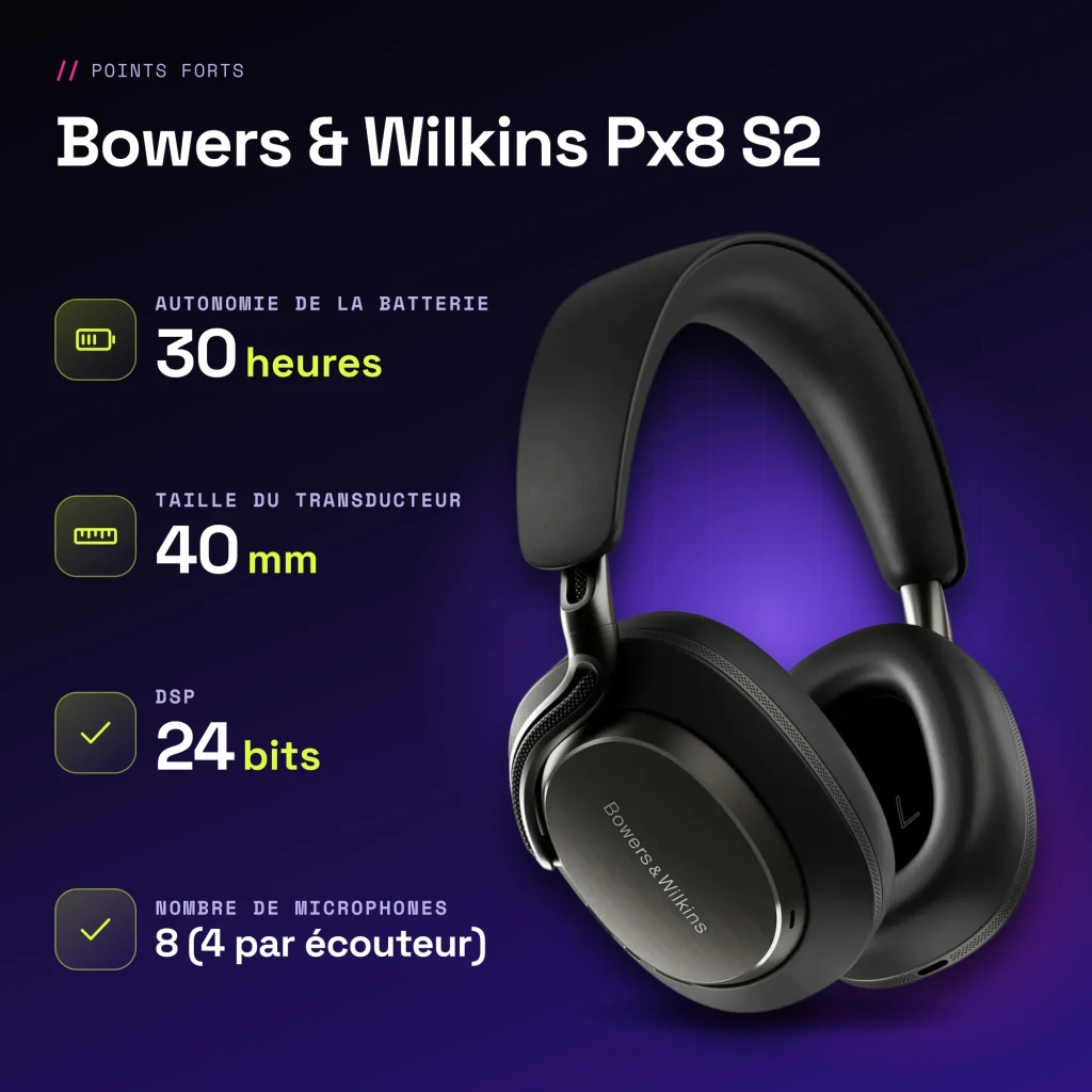 Auscultadores de banda Bowers & Wilkins Px8 S2 Cancelamento de Ruído Híbrido Preto - características