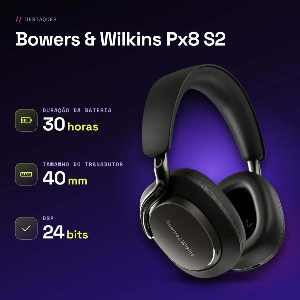 Auscultadores de banda Bowers & Wilkins Px8 S2 Cancelamento de Ruído Híbrido Preto - características