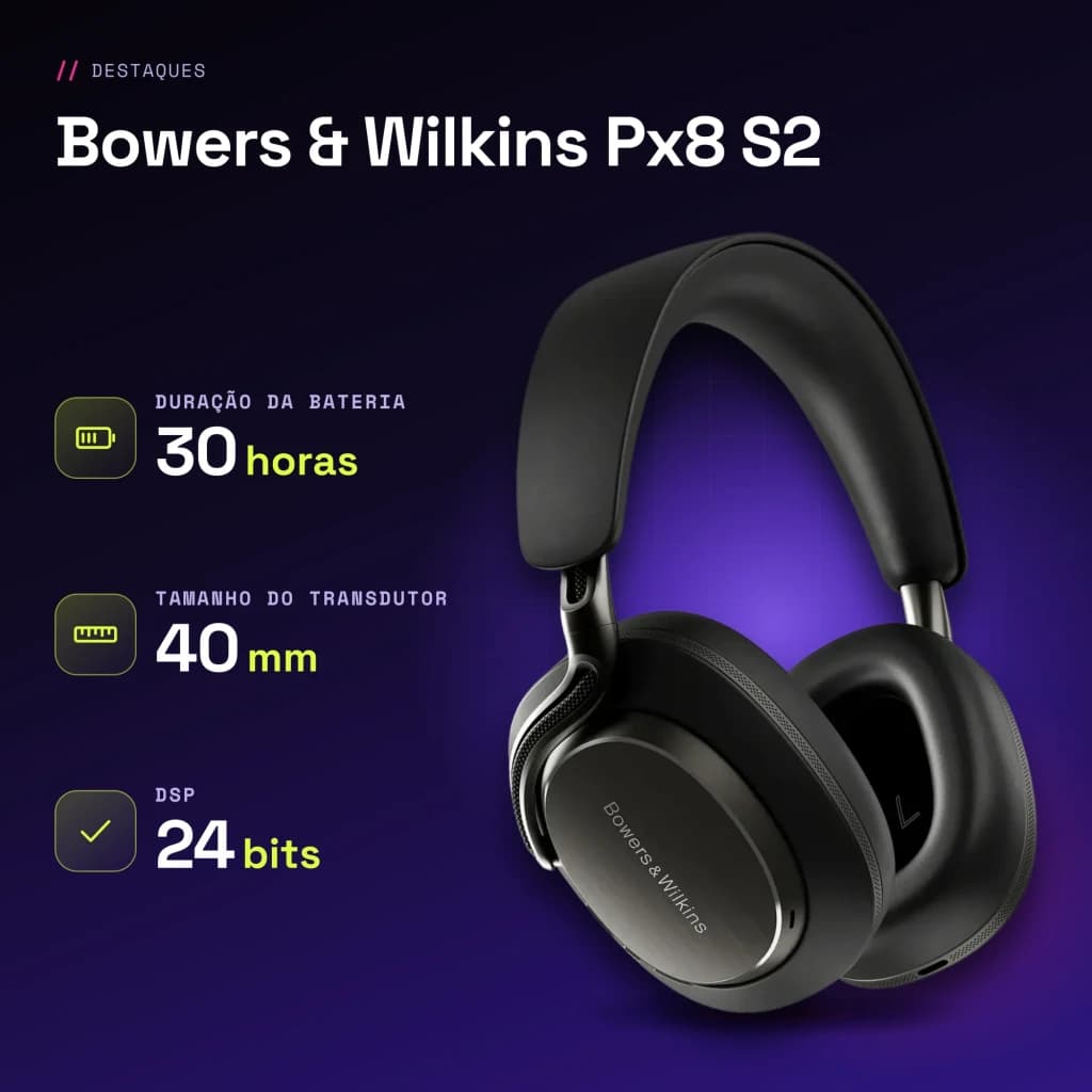 Auscultadores de banda Bowers & Wilkins Px8 S2 Cancelamento de Ruído Híbrido Preto - características