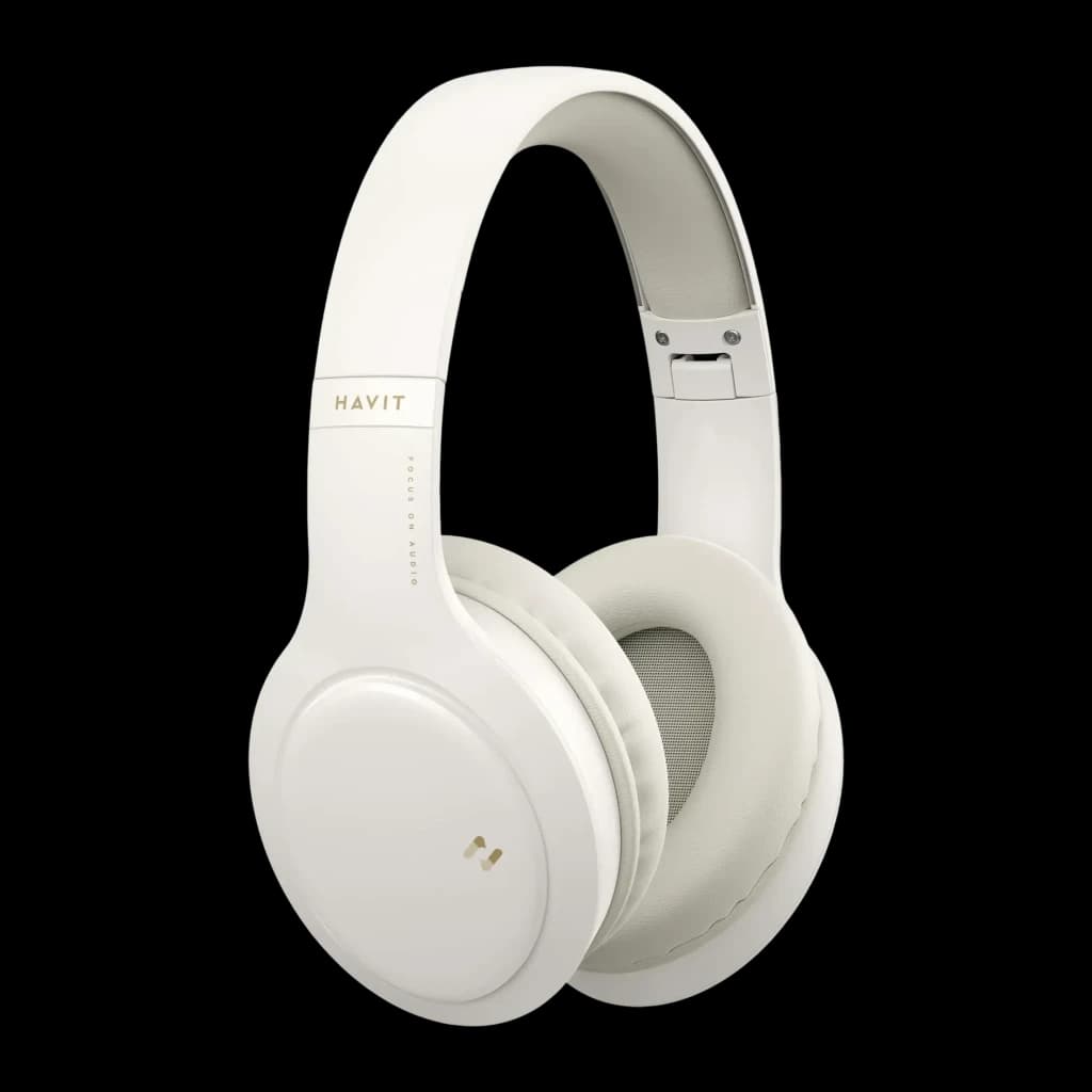 Auriculares Havit H633BT Diadema Bluetooth 5.1 20h 40mm Driver blancos, vista lateral: almohadilla y logo dorado visibles