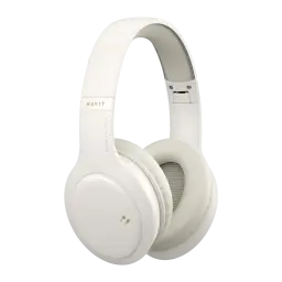 Auriculares Havit H633BT Diadema Bluetooth 5.1 20h 40mm Driver blancos, vista lateral: almohadilla y logo dorado visibles