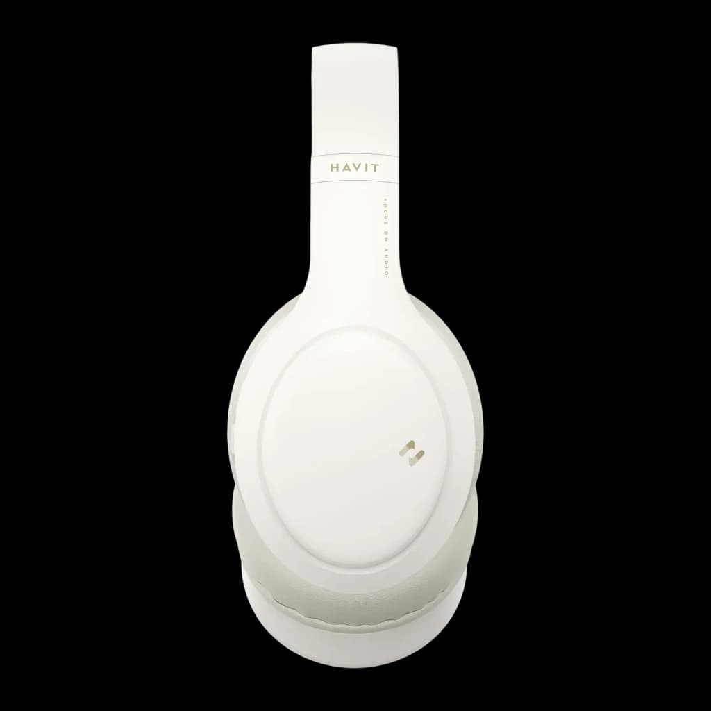 Auriculares Havit H633BT Diadema Bluetooth 5.1 20h 40mm Driver blancos, vista frontal: cojín oval y logo dorado Havit
