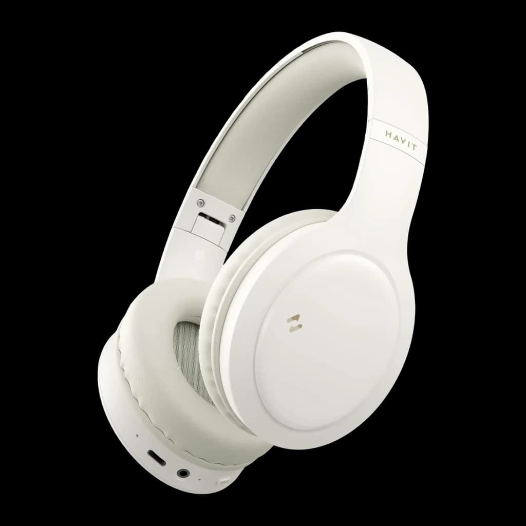 Auriculares Havit H633BT Diadema Bluetooth 5.1 20h 40mm Driver blancos, vista lateral: almohadilla, logo dorado y puerto