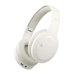 Auriculares Havit H633BT Diadema Bluetooth 5.1 20h 40mm Driver blancos, vista lateral: almohadilla, logo dorado y puerto
