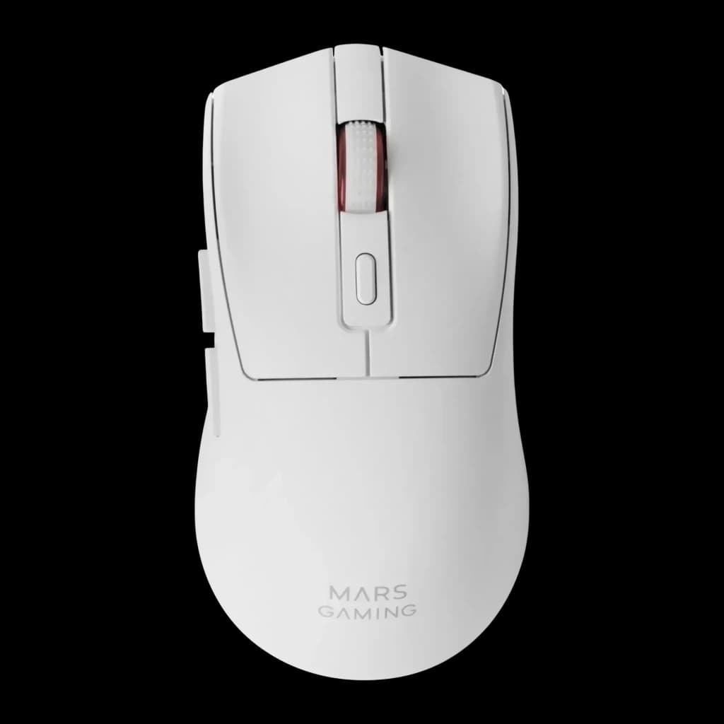 Souris Gaming Mars Gaming MM-T3 Sans Fil Switchs Huano 14400 DPI Noir, vue dessus: corps blanc, molette rouge et logo Mars