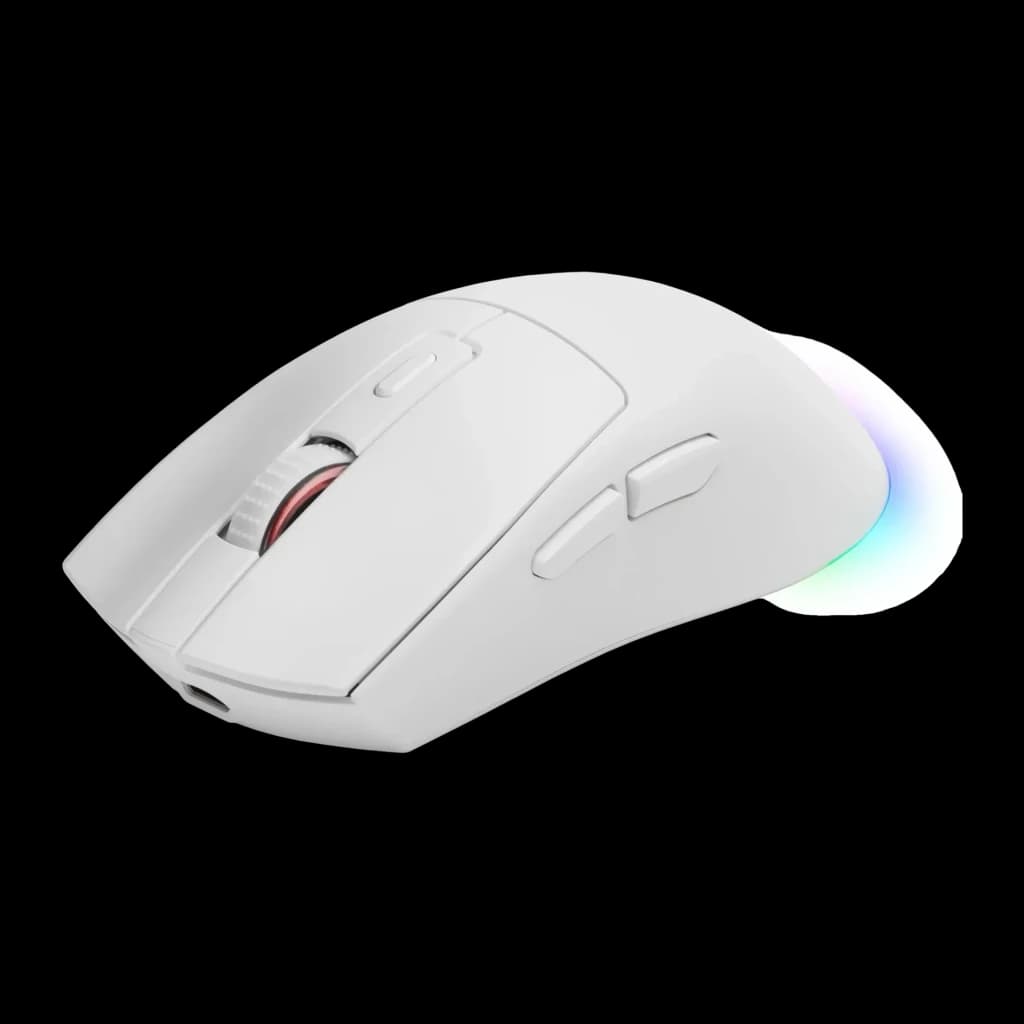 Souris Gaming Mars Gaming MM-T3 Sans Fil Switchs Huano 14400 DPI Noir, vue latérale: coque blanche, molette rouge