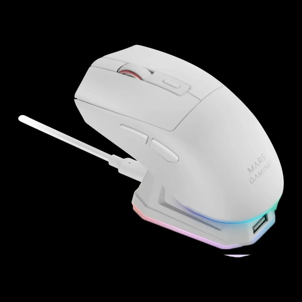Souris Gaming Mars Gaming MM-T3 Sans Fil Switchs Huano 14400 DPI Noir, vue latérale: souris blanche sur socle de charge