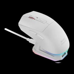 Souris Gaming Mars Gaming MM-T3 Sans Fil Switchs Huano 14400 DPI Noir, vue latérale: souris blanche sur socle de charge