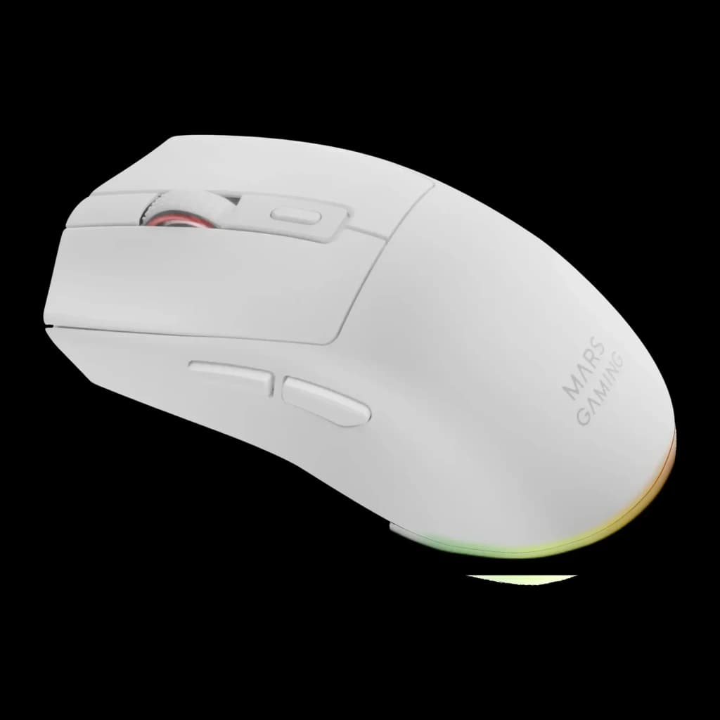 Souris Gaming Mars Gaming MM-T3 Sans Fil Switchs Huano 14400 DPI Noir, vue dessus latérale: corps blanc mat, molette RGB