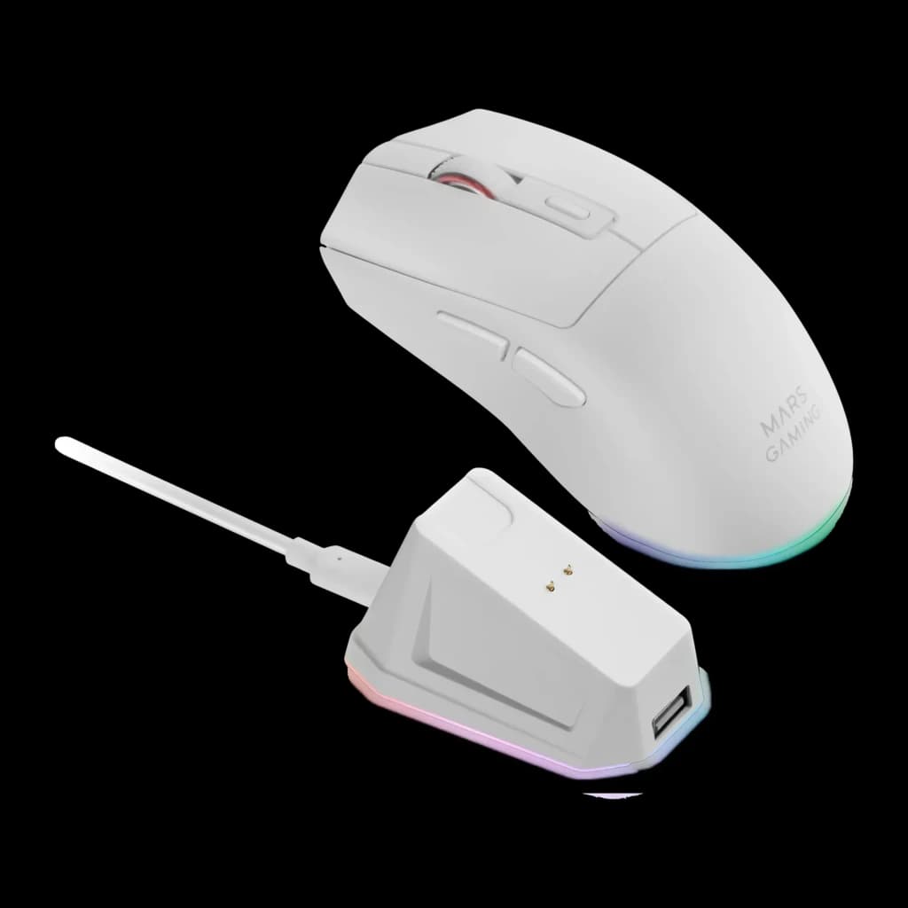 Souris Gaming Mars Gaming MM-T3 Sans Fil Switchs Huano 14400 DPI Noir, vue dessus: souris blanche avec éclairage RGB