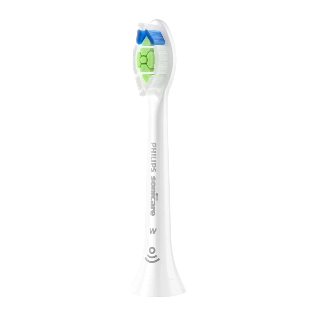 Tête de Brosse à Dents Philips Sonicare Optimal White Pack 6 HX6066/87, vue latérale: tête blanche avec poils bleus