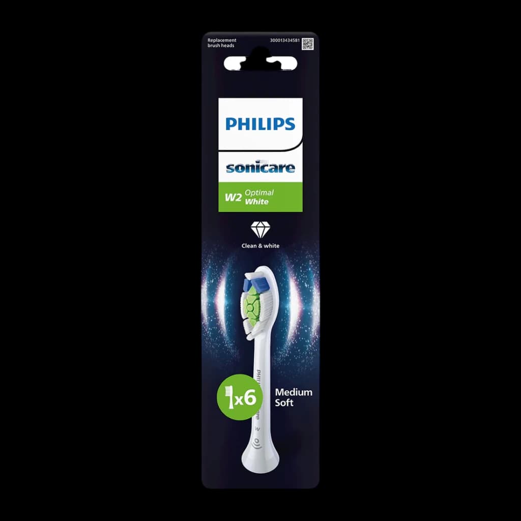 Tête de Brosse à Dents Philips Sonicare Optimal White Pack 6 HX6066/87, emballage face avant: boîte sombre avec tête blanche