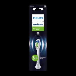 Tête de Brosse à Dents Philips Sonicare Optimal White Pack 6 HX6066/87, emballage face avant: boîte sombre avec tête blanche
