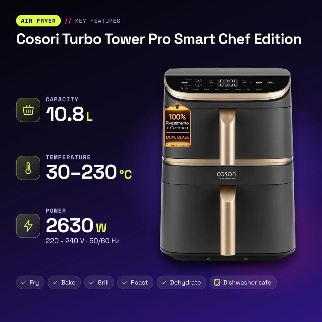 Fritadeira de ar Cosori Turbo Tower Pro Smart Chef Edition 10,8L WiFi 2630W Preto - características
