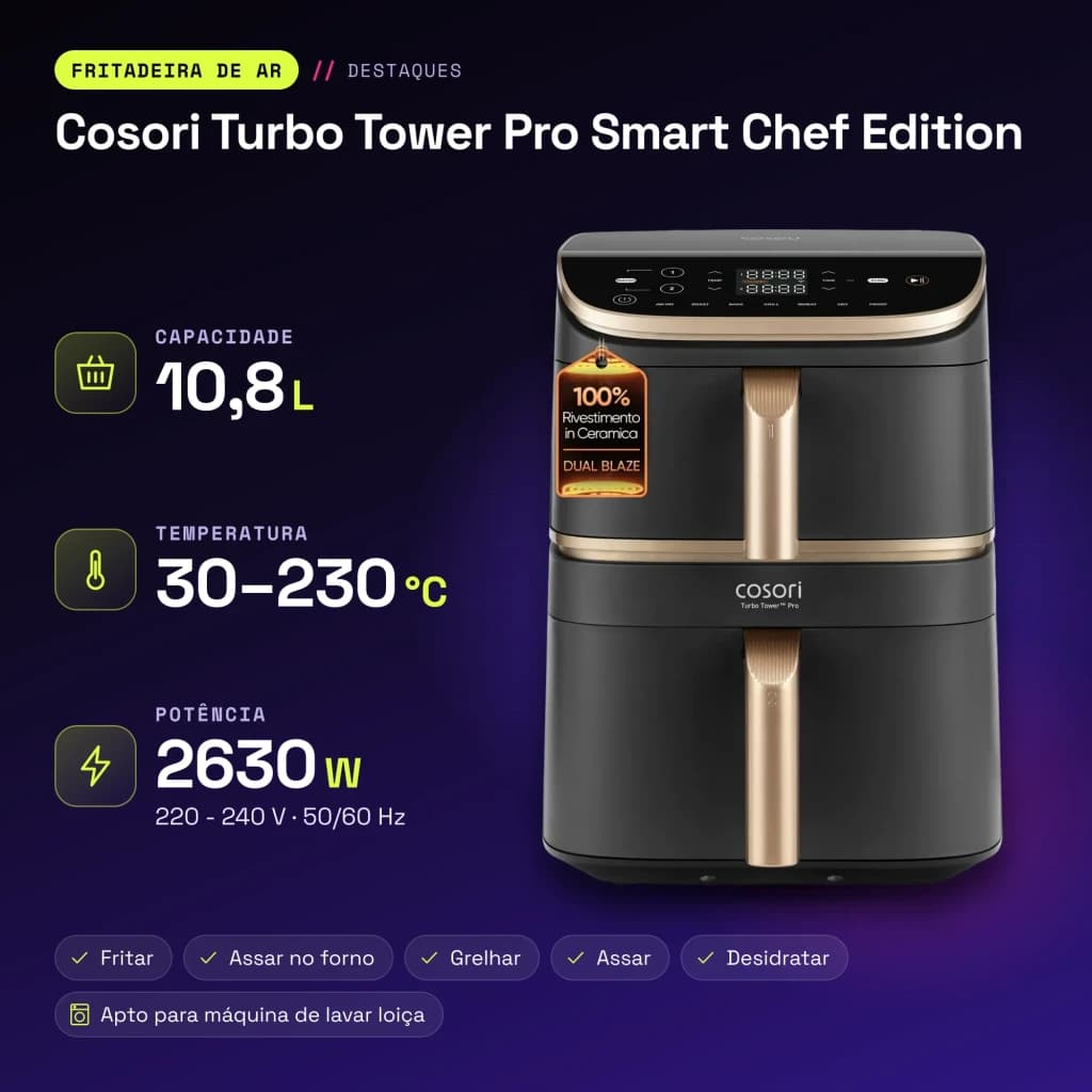 Fritadeira de ar Cosori Turbo Tower Pro Smart Chef Edition 10,8L WiFi 2630W Preto - características