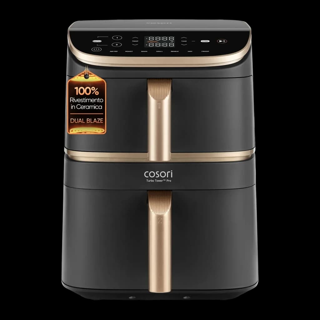 Fritadeira de ar Cosori Turbo Tower Pro Smart Chef Edition 10,8L WiFi 2630W Preto, vista frontal: duas gavetas com puxadores