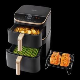Fritadeira de ar Cosori Turbo Tower Pro Smart Chef Edition 10,8L WiFi 2630W Preto, gavetas abertas: batatas na bandeja