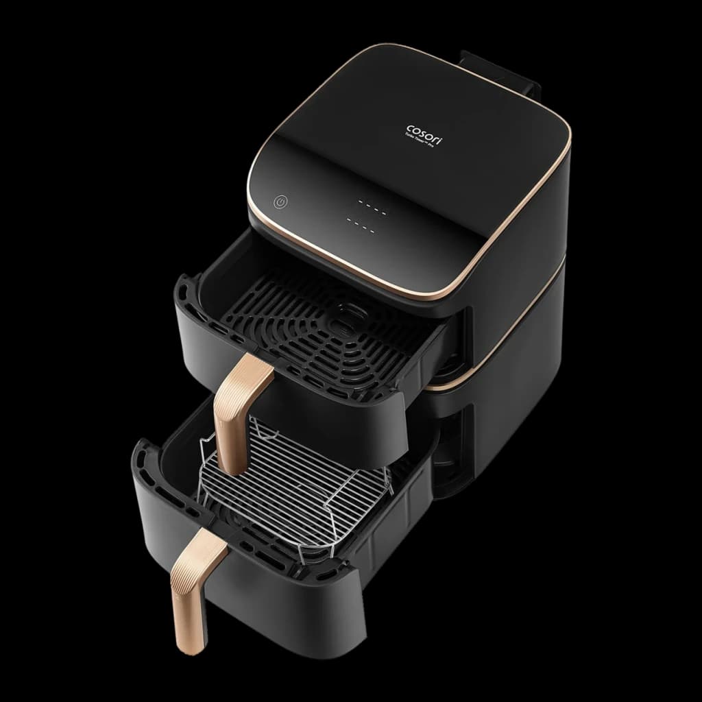 Fritadeira de ar Cosori Turbo Tower Pro Smart Chef Edition 10,8L WiFi 2630W Preto, vista superior: duas gavetas abertas