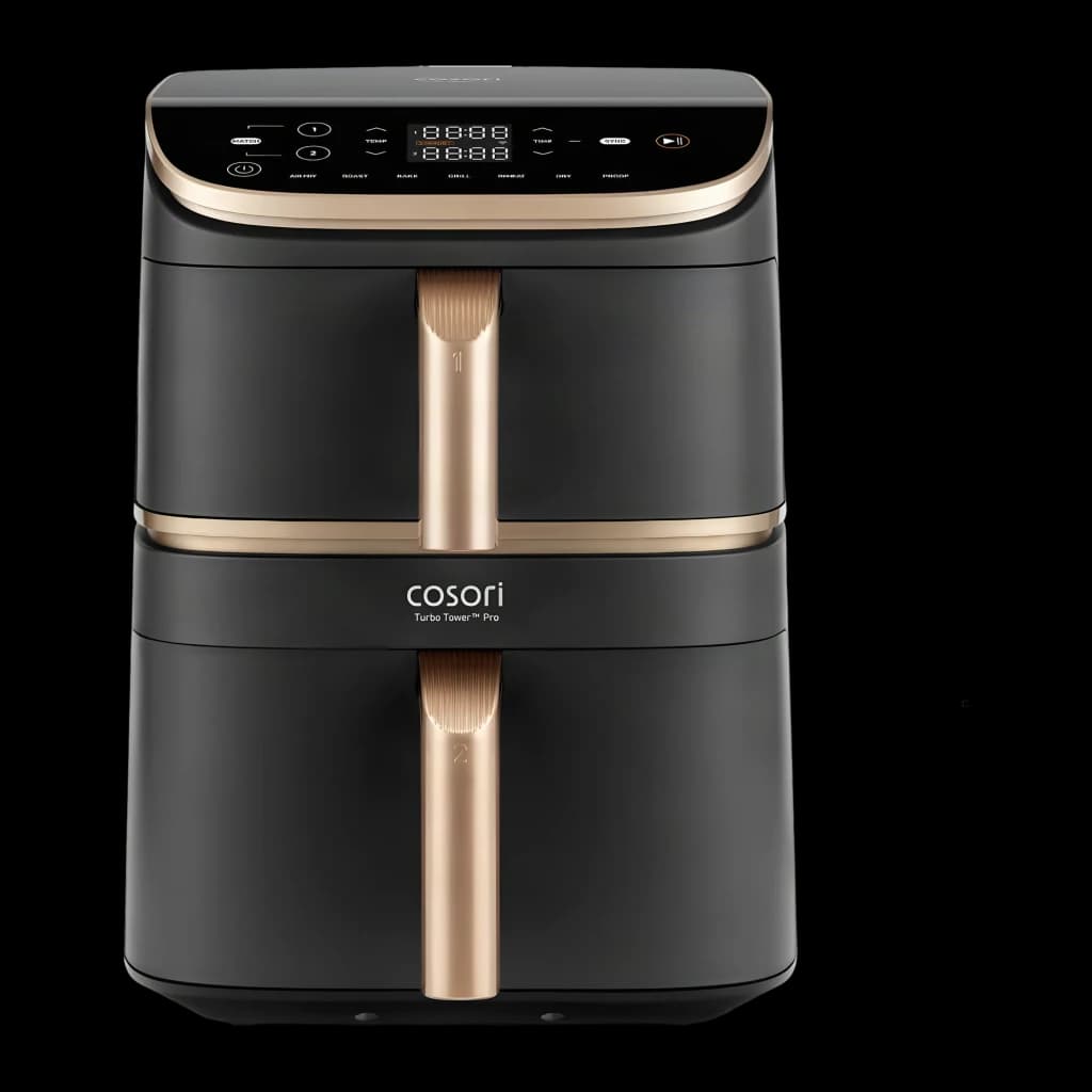 Fritadeira de ar Cosori Turbo Tower Pro Smart Chef Edition 10,8L WiFi 2630W Preto, vista frontal: painel tátil LED, duas