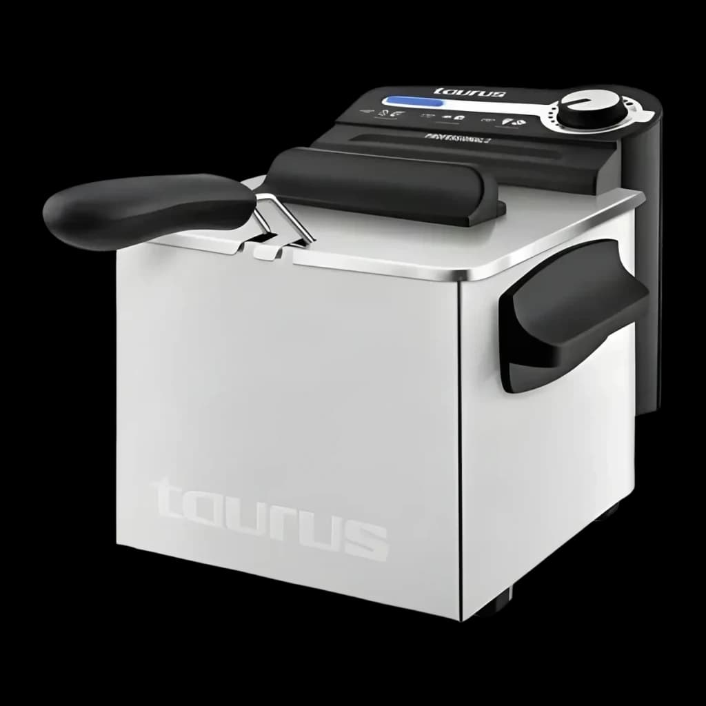 Friteuse à huile Taurus Professional 2 Plus 2L Acier Inoxydable, vue en angle: corps inox, couvercle noir avec panneau