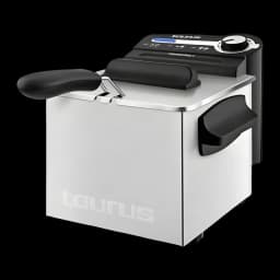 Friteuse à huile Taurus Professional 2 Plus 2L Acier Inoxydable, vue en angle: corps inox, couvercle noir avec panneau
