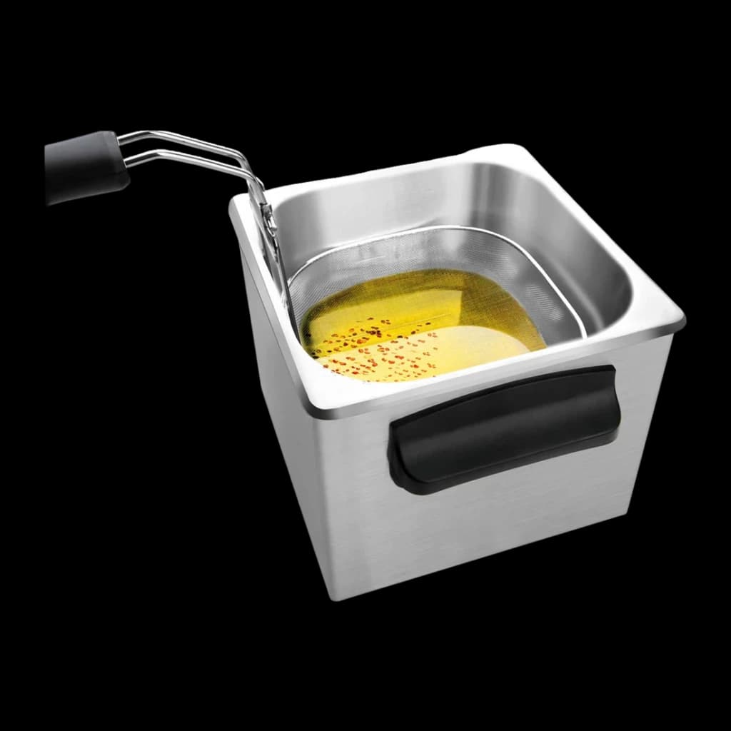 Friteuse à huile Taurus Professional 2 Plus 2L Acier Inoxydable, détail: cuve et panier en maille avec huile bouillonnante