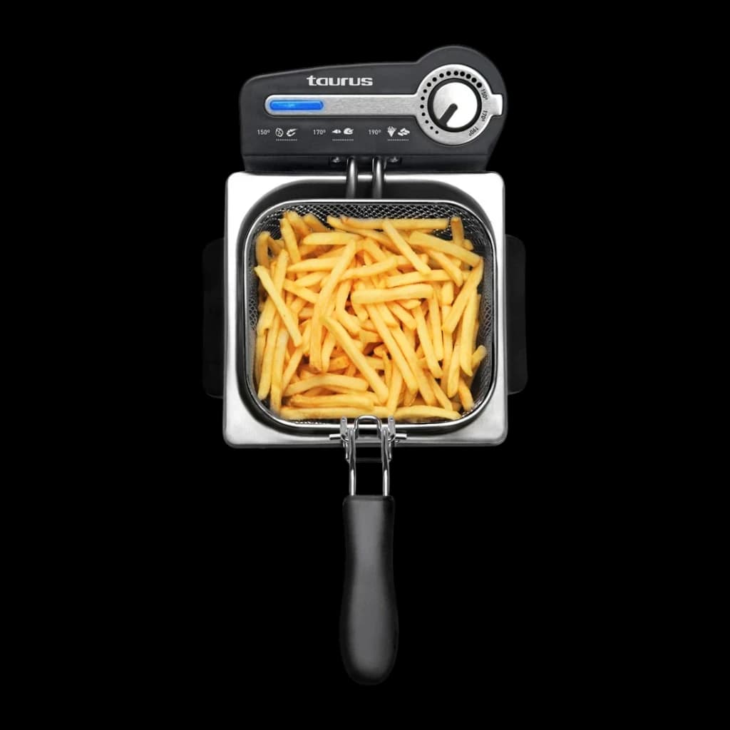 Friteuse à huile Taurus Professional 2 Plus 2L Acier Inoxydable, vue du dessus: panier amovible rempli de frites et panneau