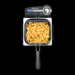 Friteuse à huile Taurus Professional 2 Plus 2L Acier Inoxydable, vue du dessus: panier amovible rempli de frites et panneau