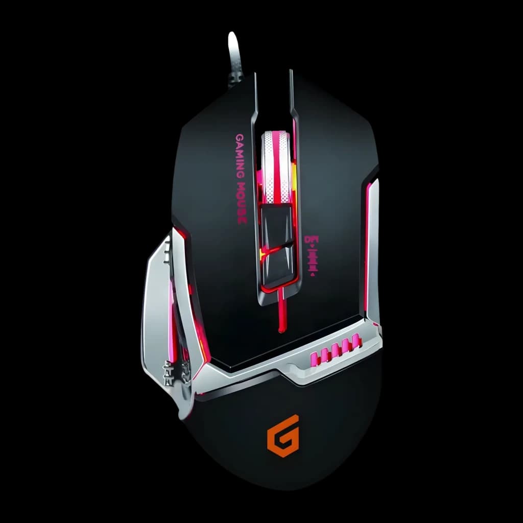 Ratón Gaming Conceptronic DJEBBEL 8 4000 DPI RGB Negro, vista superior: rueda y botones con iluminación RGB rosa y naranja