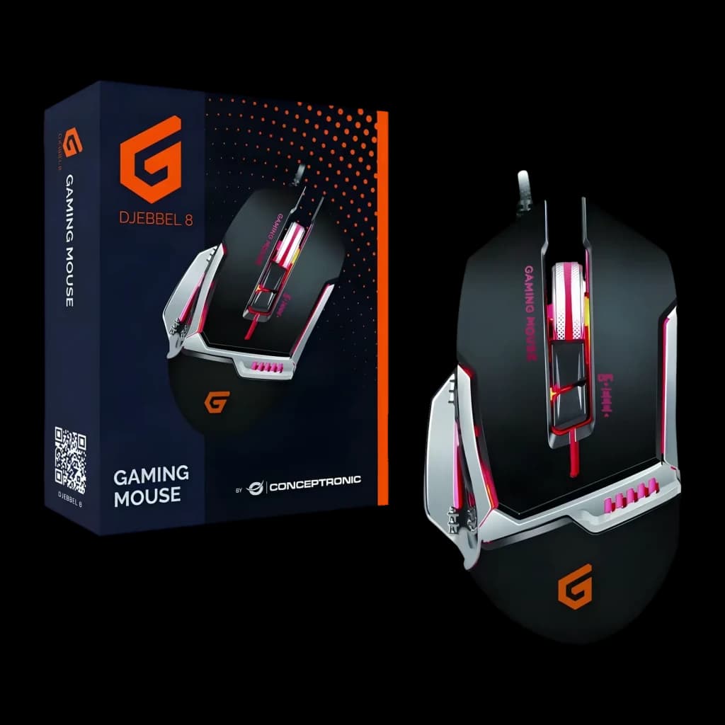 Ratón Gaming Conceptronic DJEBBEL 8 4000 DPI RGB Negro, vista superior con caja: iluminación RGB activa y packaging naranja