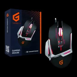 Ratón Gaming Conceptronic DJEBBEL 8 4000 DPI RGB Negro, vista superior con caja: iluminación RGB activa y packaging naranja