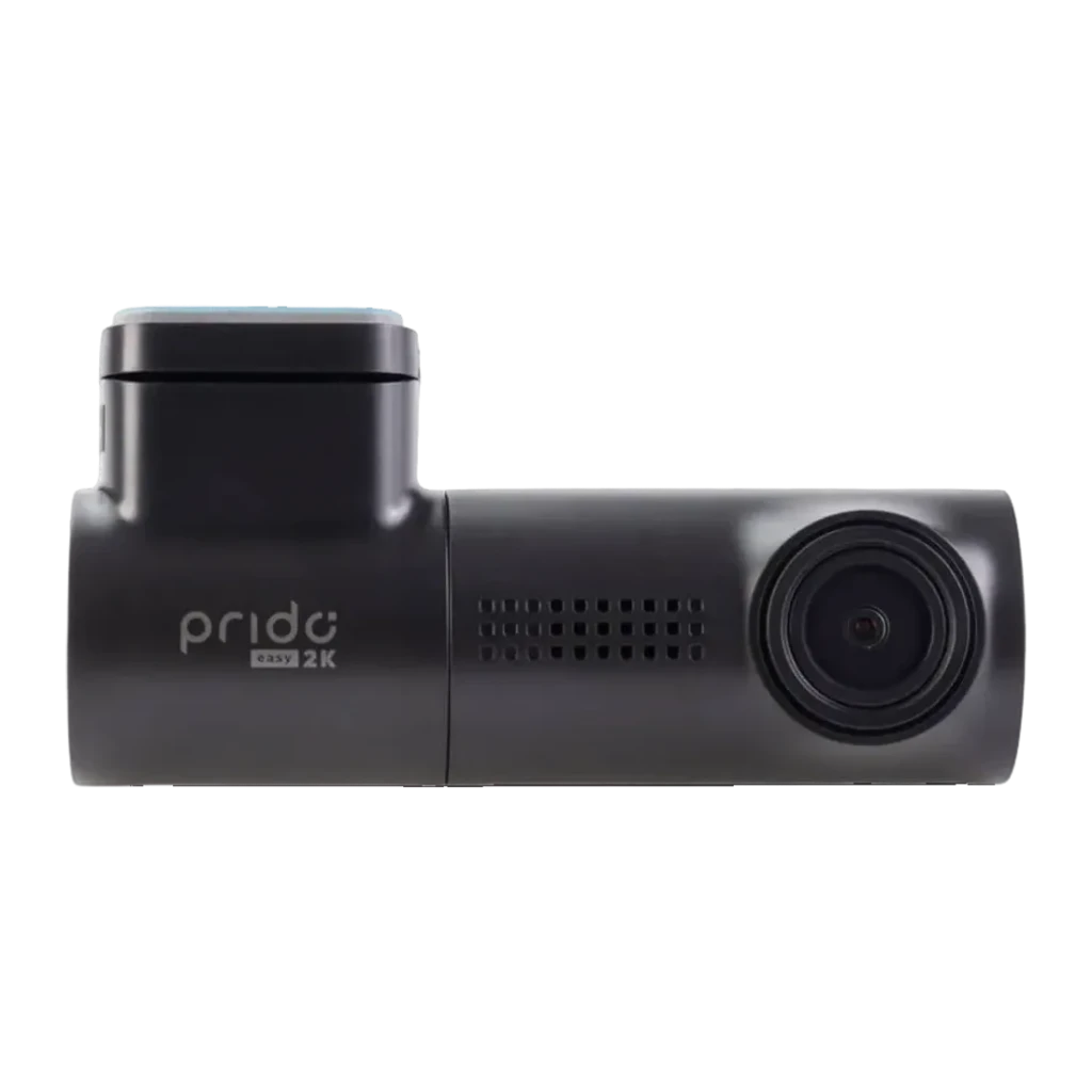 Dashcam Prido Easy 2K WiFi GPS, vista frontal: corpo preto cilíndrico com objetiva grande angular, grelha de alto-falante