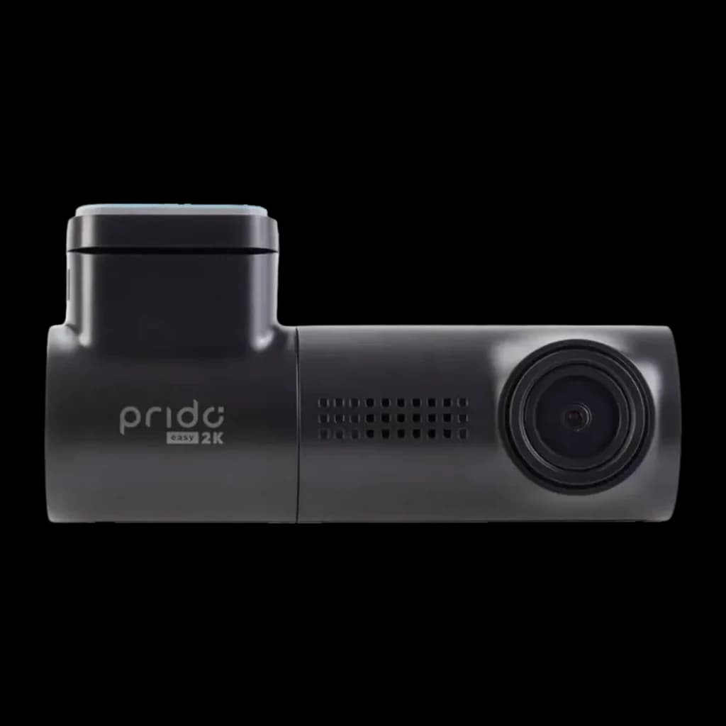 Dashcam Prido Easy 2K WiFi GPS, vista frontal: corpo preto cilíndrico com objetiva grande angular, grelha de alto-falante