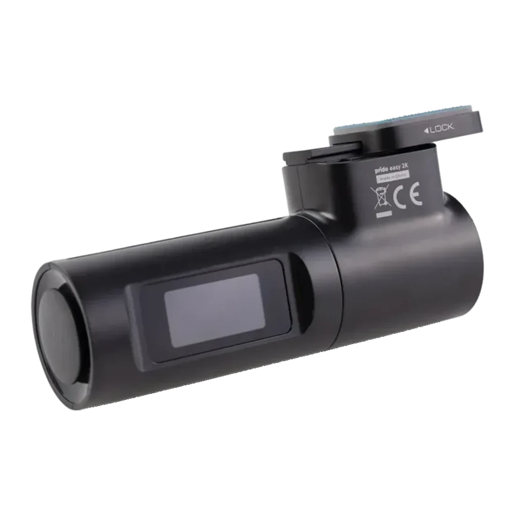 Dashcam Prido Easy 2K WiFi GPS, detalhe lateral: corpo cilíndrico preto, ecrã integrado, objetiva frontal e suporte