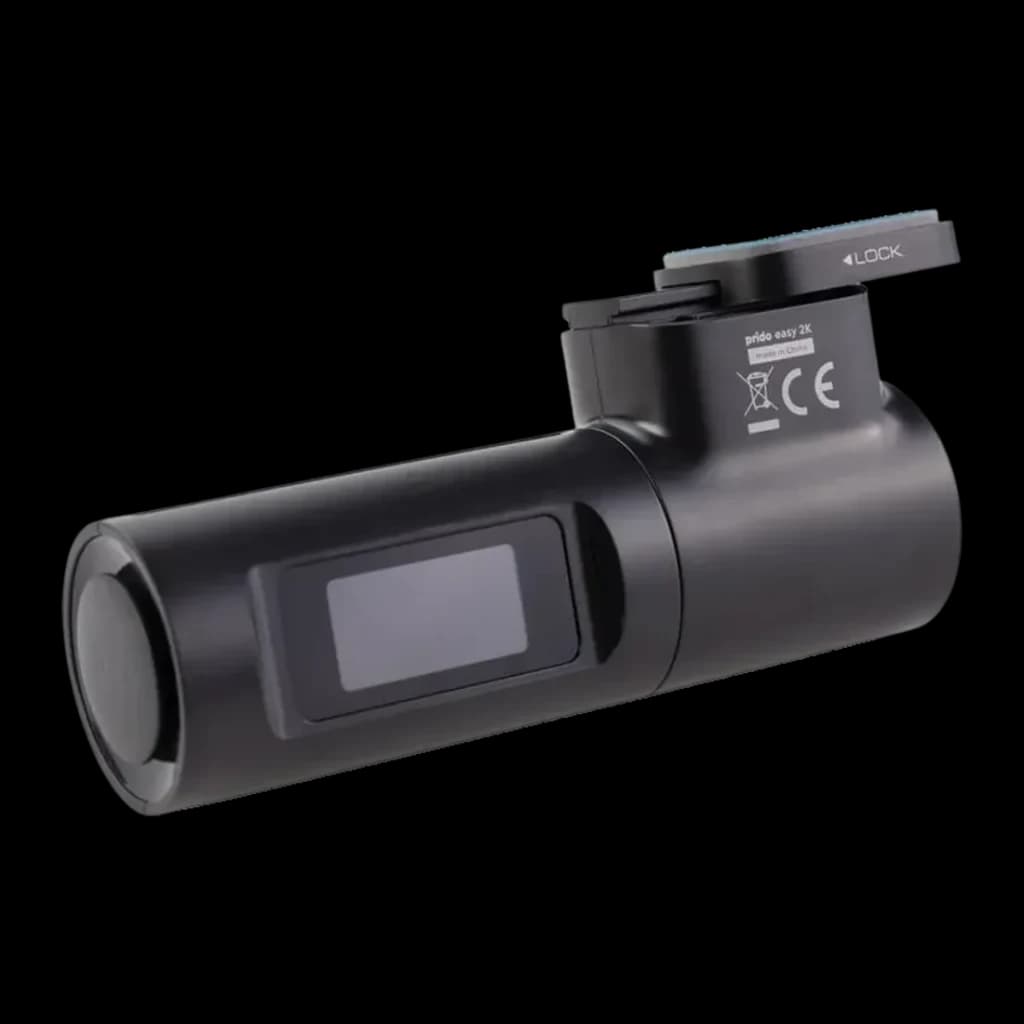 Dashcam Prido Easy 2K WiFi GPS, detalhe lateral: corpo cilíndrico preto, ecrã integrado, objetiva frontal e suporte
