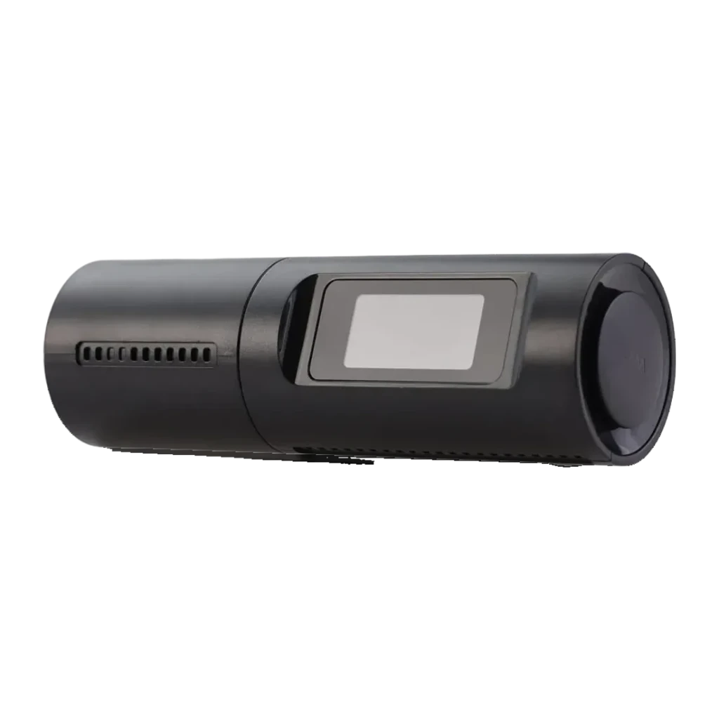 Dashcam Prido Easy 2K WiFi GPS, detalhe lateral: corpo cilíndrico preto com ecrã retangular e grelha de ventilação visíveis